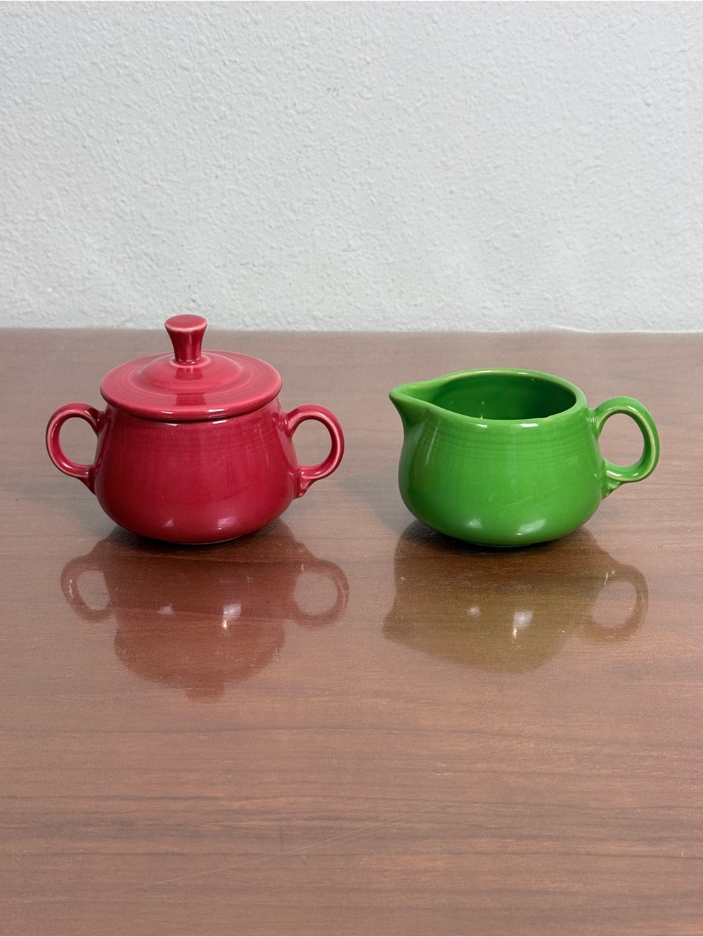 Fiesta HLC Red Sugar Bowl with Lid & Green Creamer